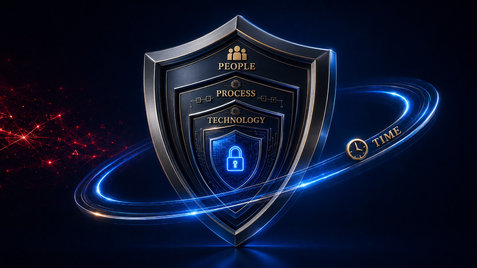 The 4th Dimension Security framework — a shield layered with People, Process, and Technology, encircled by an orbit of Time